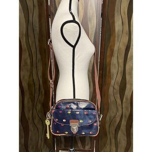 Vintage Fossil Key-Per Memoir Navy Blue Coated Canvas crossbody bag